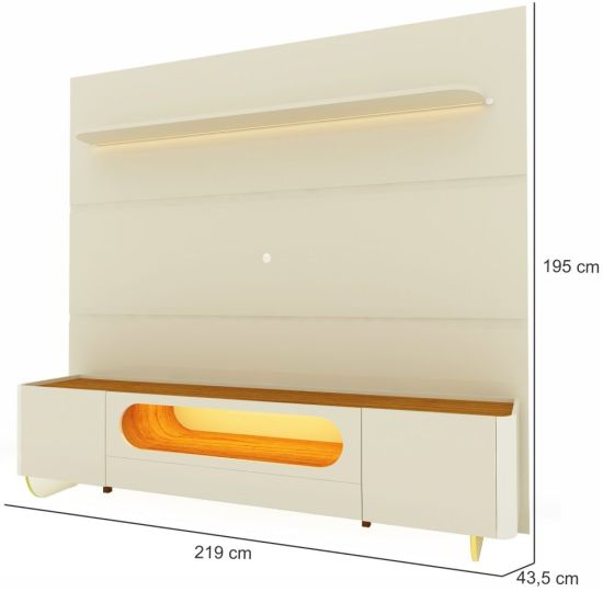 Painel Gelius Royal e Rack Nobre com LED para TV de até 85 polegas largura de 220 cm pés de vidro OFF White/Naturalle