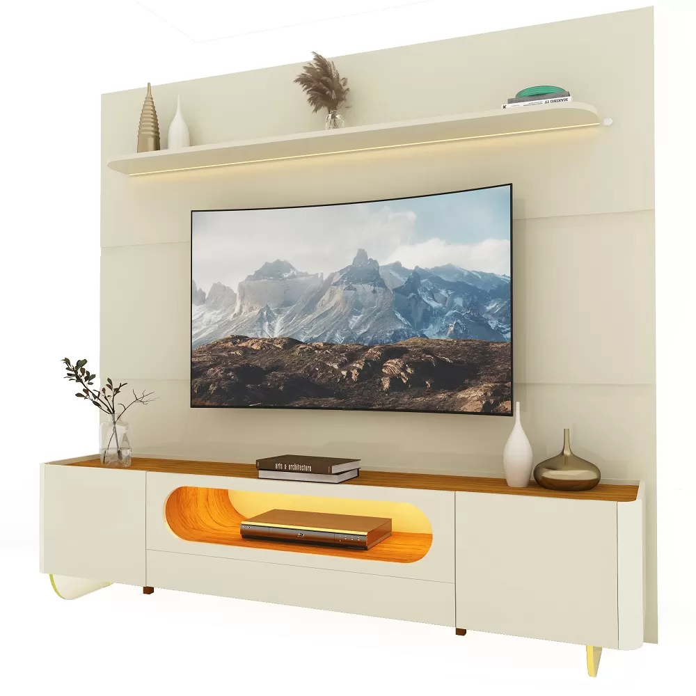 Painel Gelius Royal e Rack Nobre com LED para TV de até 85 polegas largura de 220 cm pés de vidro OFF White/Naturalle