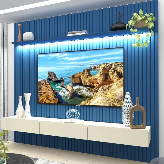 Painel Home Gelius Nobre Ripado com ripas autênticas largura de 230 cm para TV de até 85 polegadas Azul Royal /OFF White
