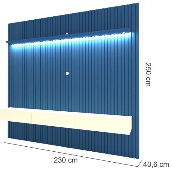 Painel Home Gelius Nobre Ripado com ripas autênticas largura de 230 cm para TV de até 85 polegadas Azul Royal /OFF White