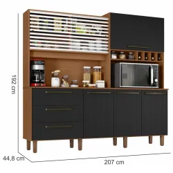 Armário de Cozinha Zanzini Mega 6 portas 3 gavetas com adega e nicho com 207 cm de Largura Cinamomo/Preto Catedral