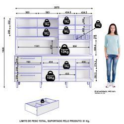 Armário de Cozinha Zanzini Mega 6 portas 3 gavetas com adega e nicho com 207 cm de Largura Cinamomo/Preto Catedral