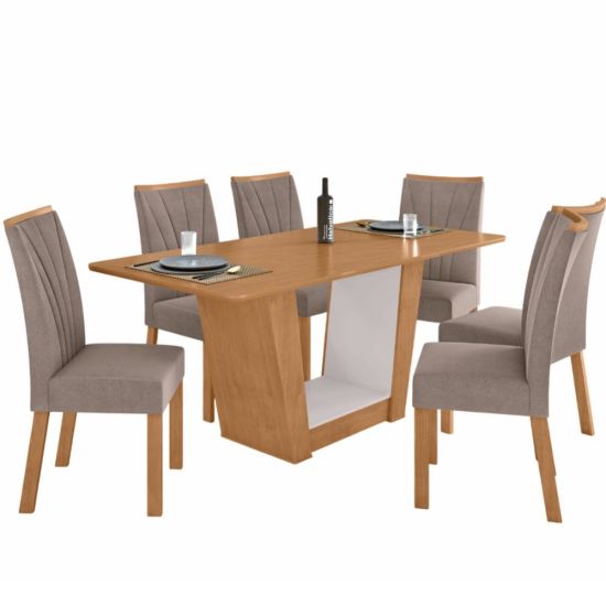 Sala de Jantar Lopas Apogeu largura de 170 cm com 6 cadeiras estofadas Amendoa Clean