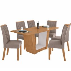 Sala de Jantar Lopas Apogeu largura de 170 cm com 6 cadeiras estofadas Amendoa Clean