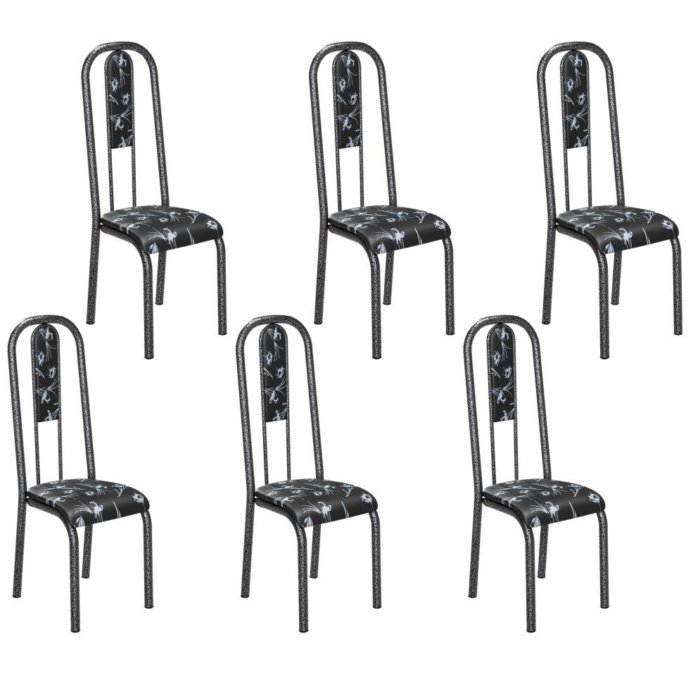 Conjunto de 6 cadeiras Teixeira Madri com encosto martelado preto