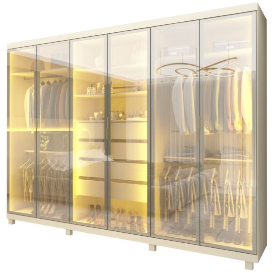 Guarda Roupa Roupeiro Gelius Absolut New 6 portas reflecta 4 gavetas com LED e pés 100% MDF largura de 2,73 metros OFF White