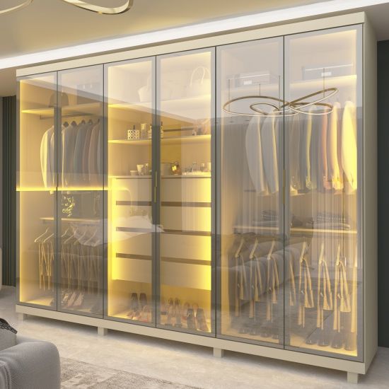 Guarda Roupa Roupeiro Gelius Absolut New 6 portas reflecta 4 gavetas com LED e pés 100% MDF largura de 2,73 metros OFF White