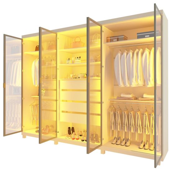 Guarda Roupa Roupeiro Gelius Absolut New 6 portas reflecta 4 gavetas com LED e pés 100% MDF largura de 2,73 metros OFF White