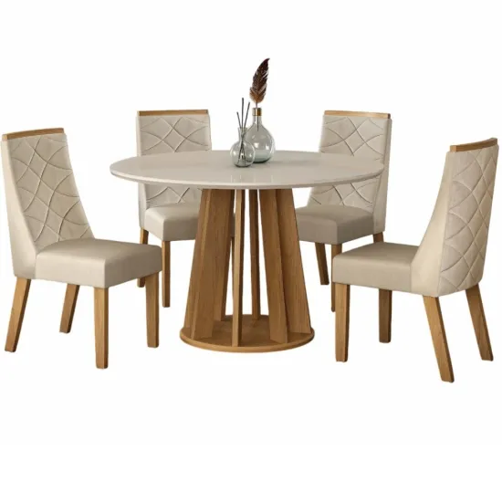 Conjunto de Sala de Jantar Valdemóveis Rose redonda com tampo de vidro 4 cadeiras Aurora Cinamomo OFF White