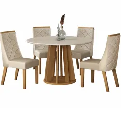 Conjunto de Sala de Jantar Valdemóveis Rose redonda com tampo de vidro 4 cadeiras Aurora Cinamomo OFF White