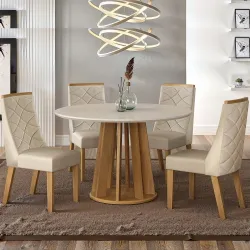 Conjunto de Sala de Jantar Valdemóveis Rose redonda com tampo de vidro 4 cadeiras Aurora Cinamomo OFF White