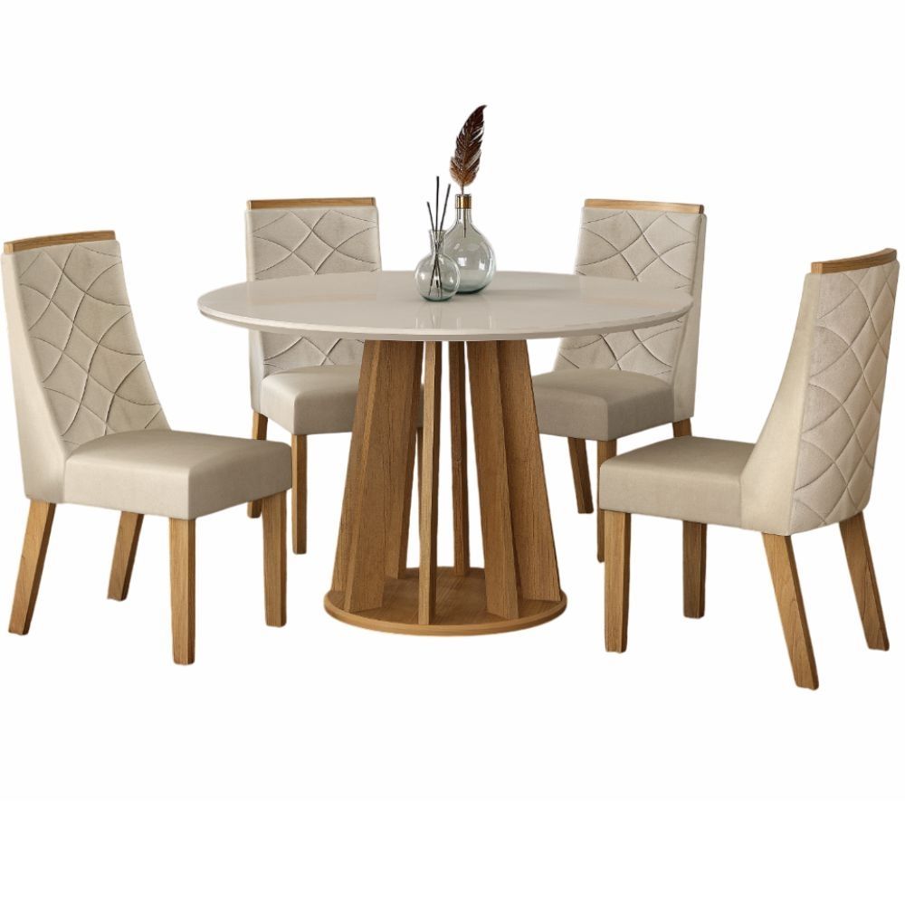 Conjunto de Sala de Jantar Valdemóveis Rose redonda com tampo de vidro 4 cadeiras Aurora Cinamomo OFF White