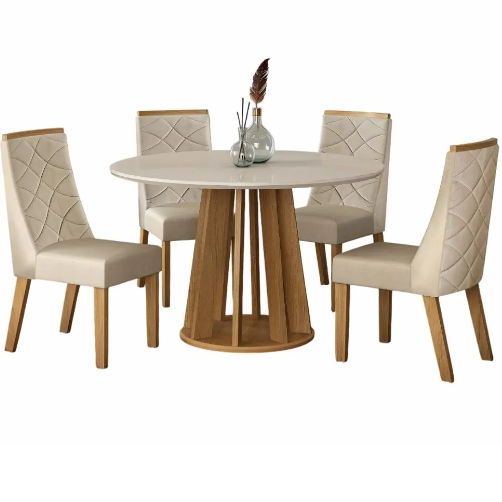 Conjunto de Sala de Jantar Valdemóveis Rose redonda com tampo de vidro 4 cadeiras Aurora Cinamomo OFF White