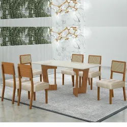 Conjunto Mesa Sala de Jantar Valdemoveis Liz tampo retangular com vidro temperado e 6 cadeiras assento estofado Cinamomo OFF White