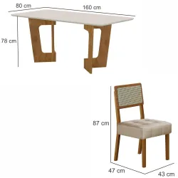 Conjunto Mesa Sala de Jantar Valdemoveis Liz tampo retangular com vidro temperado e 6 cadeiras assento estofado Cinamomo OFF White
