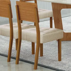 Conjunto Mesa Sala de Jantar Valdemoveis Liz tampo retangular com vidro temperado e 6 cadeiras assento estofado Cinamomo OFF White