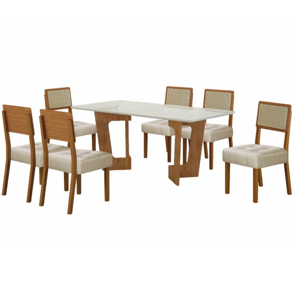 Conjunto Mesa Sala de Jantar Valdemoveis Liz tampo retangular com vidro temperado e 6 cadeiras assento estofado Cinamomo OFF White