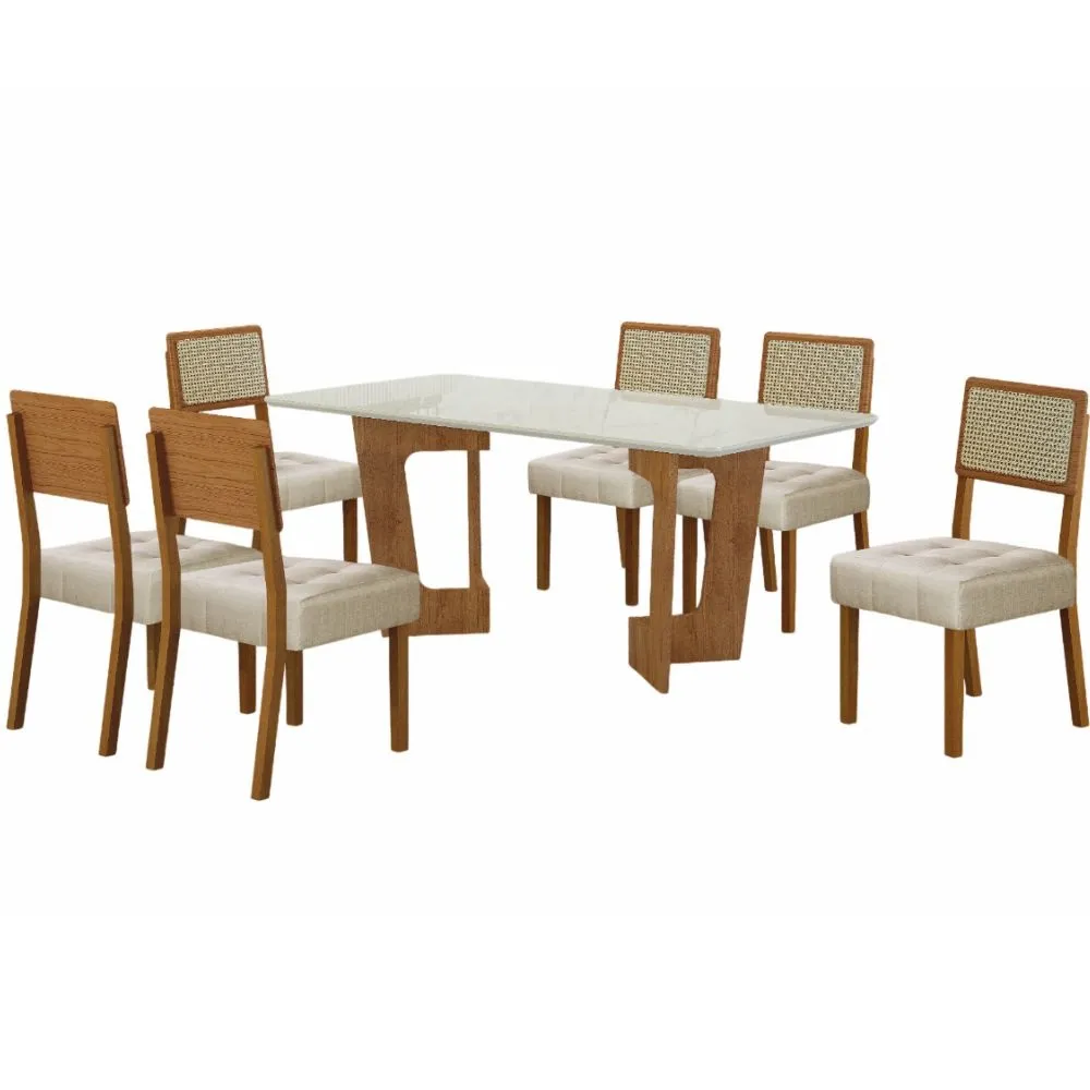 Conjunto Mesa Sala de Jantar Valdemoveis Liz tampo retangular com vidro temperado e 6 cadeiras assento estofado Cinamomo OFF White
