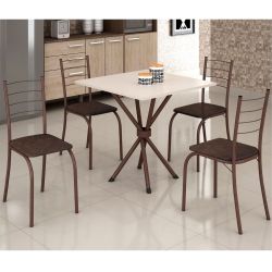 Conjunto de Mesa Teixeira Rio Ipanema tampo de MDP na cor OFF WHITE com 4 cadeiras craqueadas marrom