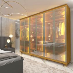 Guarda Roupa Casal Gelius Imperatriz 6 portas em vidro reflecta luz de LED 100% MDF com pés Naturale