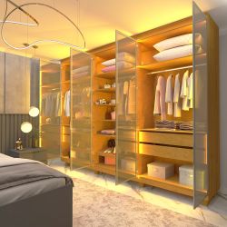 Guarda Roupa Casal Gelius Imperatriz 6 portas em vidro reflecta luz de LED 100% MDF com pés Naturale
