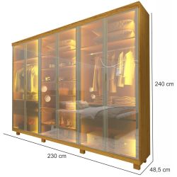 Guarda Roupa Casal Gelius Imperatriz 6 portas em vidro reflecta luz de LED 100% MDF com pés Naturale