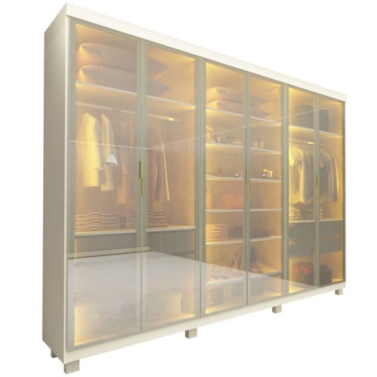 Guarda Roupa Casal Gelius Imperatriz 6 portas em vidro reflecta luz de LED 100% MDF com pés OFF White