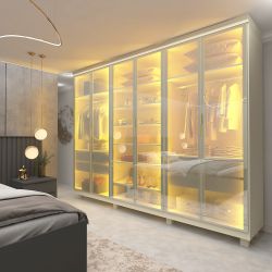 Guarda Roupa Casal Gelius Imperatriz 6 portas em vidro reflecta luz de LED 100% MDF com pés OFF White
