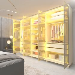 Guarda Roupa Casal Gelius Imperatriz 6 portas em vidro reflecta luz de LED 100% MDF com pés OFF White