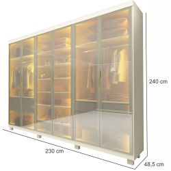 Guarda Roupa Casal Gelius Imperatriz 6 portas em vidro reflecta luz de LED 100% MDF com pés OFF White