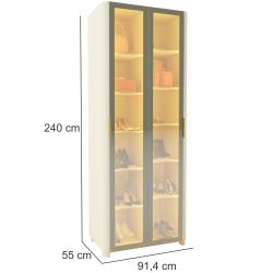 Sapateira Gelius Innova 2 portas em vidro reflecta luz de LED e pés  100% MDF OFF White