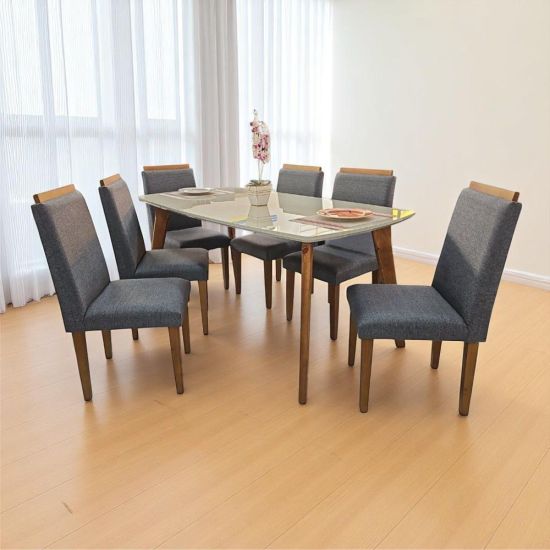 Sala de Jantar RV Móveis Jade tampo de vidro 160 cm pés de madeira maciça com 6 cadeiras Arezzo estofadas pés de madeira maciça OFF White/Cinza