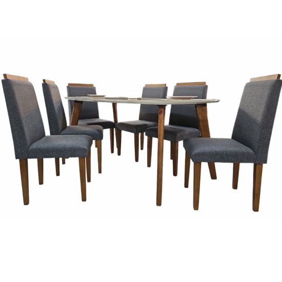 Sala de Jantar RV Móveis Jade tampo de vidro 160 cm pés de madeira maciça com 6 cadeiras Arezzo estofadas pés de madeira maciça OFF White/Cinza