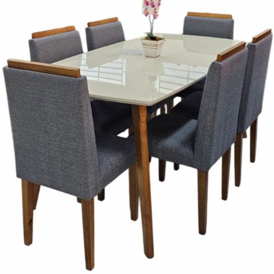 Sala de Jantar RV Móveis Jade tampo de vidro 160 cm pés de madeira maciça com 6 cadeiras Arezzo estofadas pés de madeira maciça OFF White/Cinza