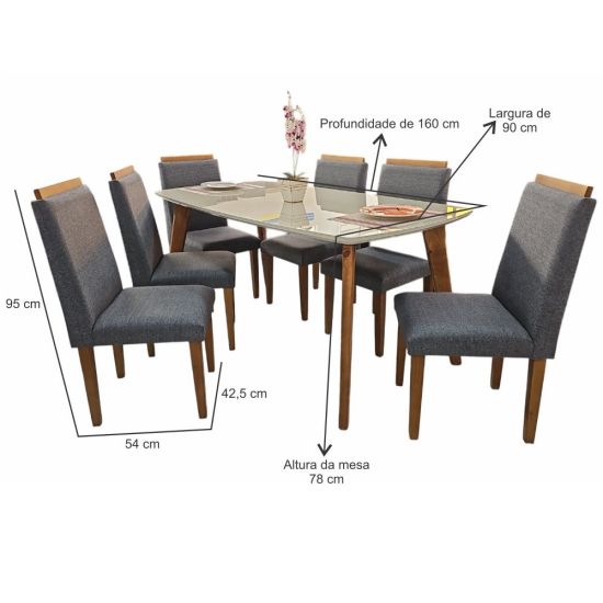 Sala de Jantar RV Móveis Jade tampo de vidro 160 cm pés de madeira maciça com 6 cadeiras Arezzo estofadas pés de madeira maciça OFF White/Cinza