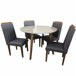 Sala de Jantar RV Móveis Turmalina tampo redondo com vidro 108 cm pés de madeira maciça com 4 cadeiras Arezzo estofadas OFF White Cinza