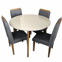 Sala de Jantar RV Móveis Turmalina tampo redondo com vidro 108 cm pés de madeira maciça com 4 cadeiras Arezzo estofadas OFF White Cinza