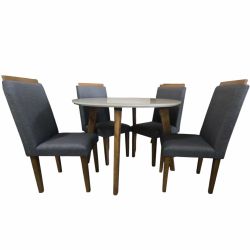 Sala de Jantar RV Móveis Turmalina tampo redondo com vidro 108 cm pés de madeira maciça com 4 cadeiras Arezzo estofadas OFF White Cinza