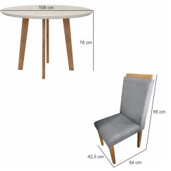 Sala de Jantar RV Móveis Turmalina tampo redondo com vidro 108 cm pés de madeira maciça com 4 cadeiras Arezzo estofadas OFF White Cinza