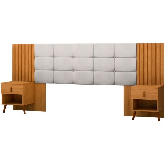 Cabeceira Estofada para cama box casal/Queen JA Móveis Lady Suiça com 02 mesas de cabeceira Nature