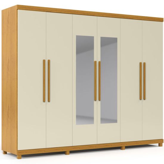 Guarda Roupas casal Gelius Absolut New 06 portas 04 gavetas com espelho e pés Naturale OFF White