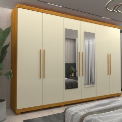 Guarda Roupas casal Gelius Absolut New 06 portas 04 gavetas com espelho e pés Naturale OFF White