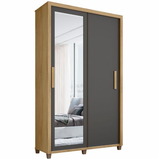 Guarda Roupa de Solteiro RV Móveis Suécia 2 portas de correr 2 gavetas e largura de 136 cm com espelho e pés Cinamomo Grafite
