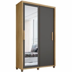 Guarda Roupa de Solteiro RV Móveis Suécia 2 portas de correr 2 gavetas e largura de 136 cm com espelho e pés Cinamomo Grafite