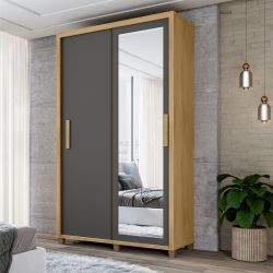 Guarda Roupa de Solteiro RV Móveis Suécia 2 portas de correr 2 gavetas e largura de 136 cm com espelho e pés Cinamomo Grafite
