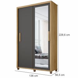 Guarda Roupa de Solteiro RV Móveis Suécia 2 portas de correr 2 gavetas e largura de 136 cm com espelho e pés Cinamomo Grafite