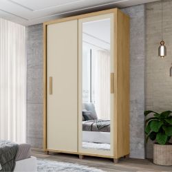 Guarda Roupa de Solteiro RV Móveis Suécia 2 portas de correr 2 gavetas e largura de 136 cm com espelho e pés Cinamomo OFF White