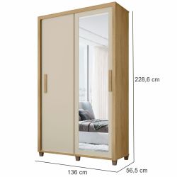 Guarda Roupa de Solteiro RV Móveis Suécia 2 portas de correr 2 gavetas e largura de 136 cm com espelho e pés Cinamomo OFF White