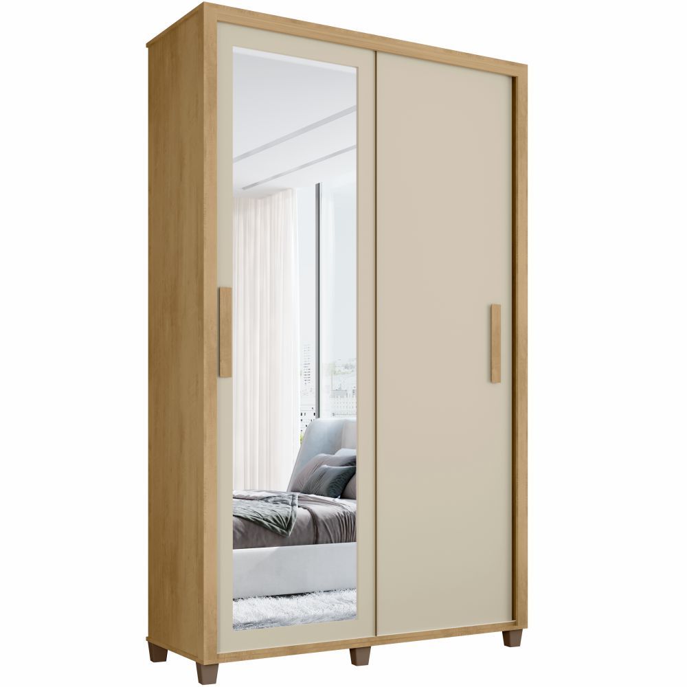 Guarda Roupa de Solteiro RV Móveis Suécia 2 portas de correr 2 gavetas e largura de 136 cm com espelho e pés Cinamomo OFF White