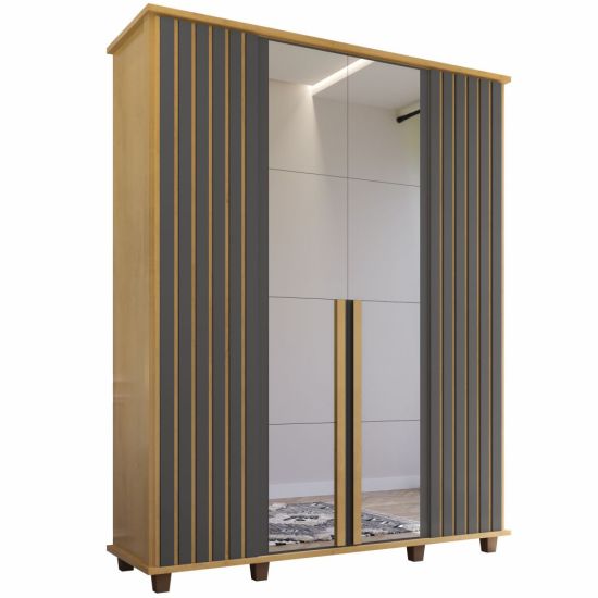 Guarda Roupas de Casal RV Móveis Holanda Ripado largura de 161,5 cm 4 portas 3 gavetas com espelho e pés Cinamomo Grafite